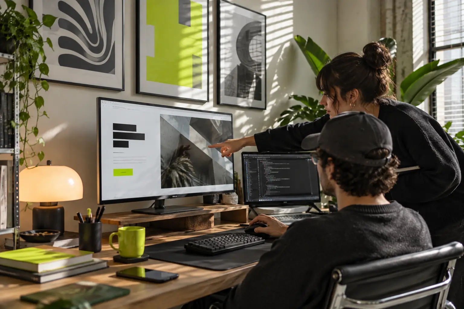 Dos personas frente a un monitor con una web en marcha y una pantalla de código al lado