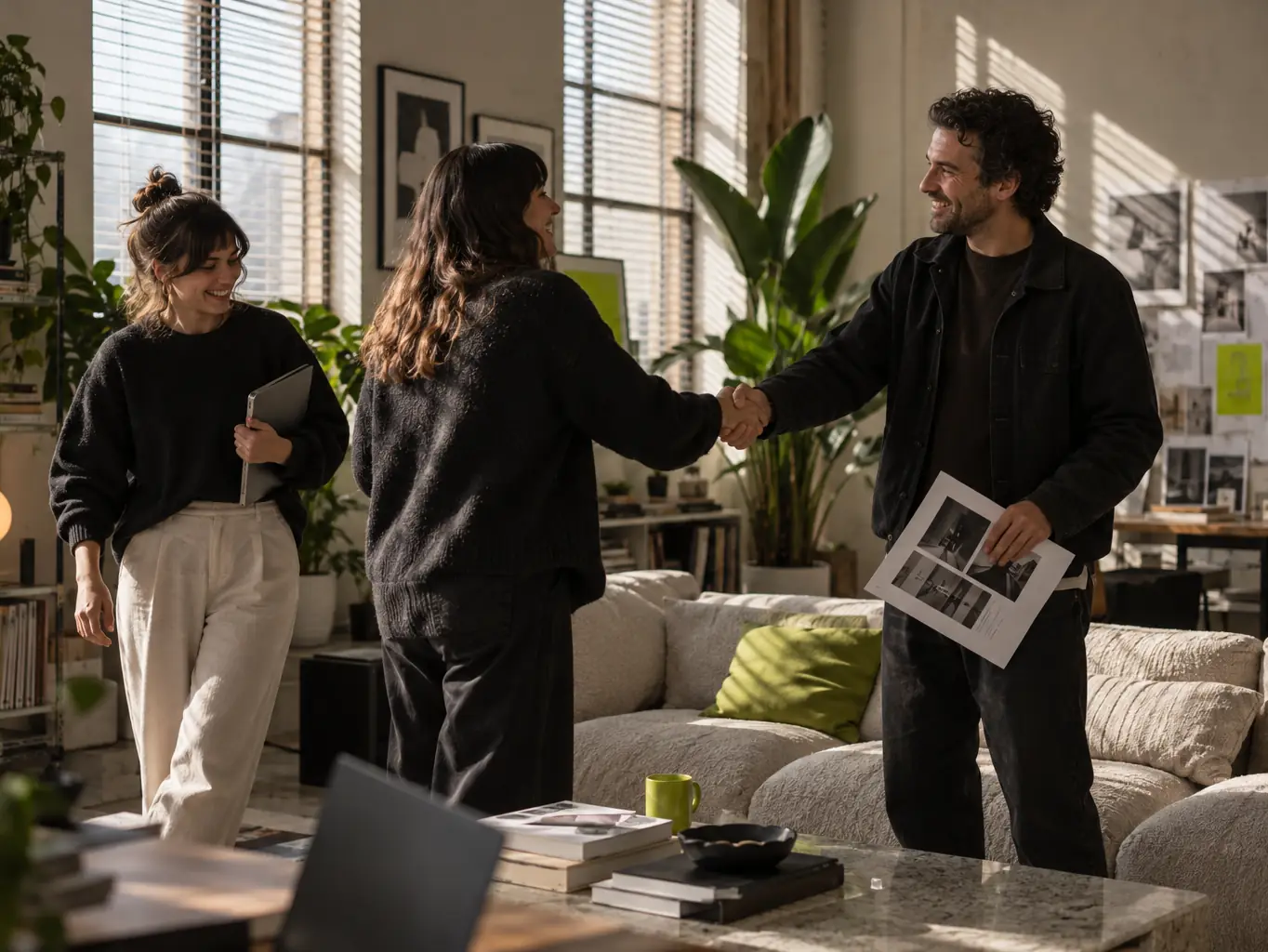 Un cliente y alguien del estudio se dan la mano en el salón, contentos, con una tercera persona del equipo al lado