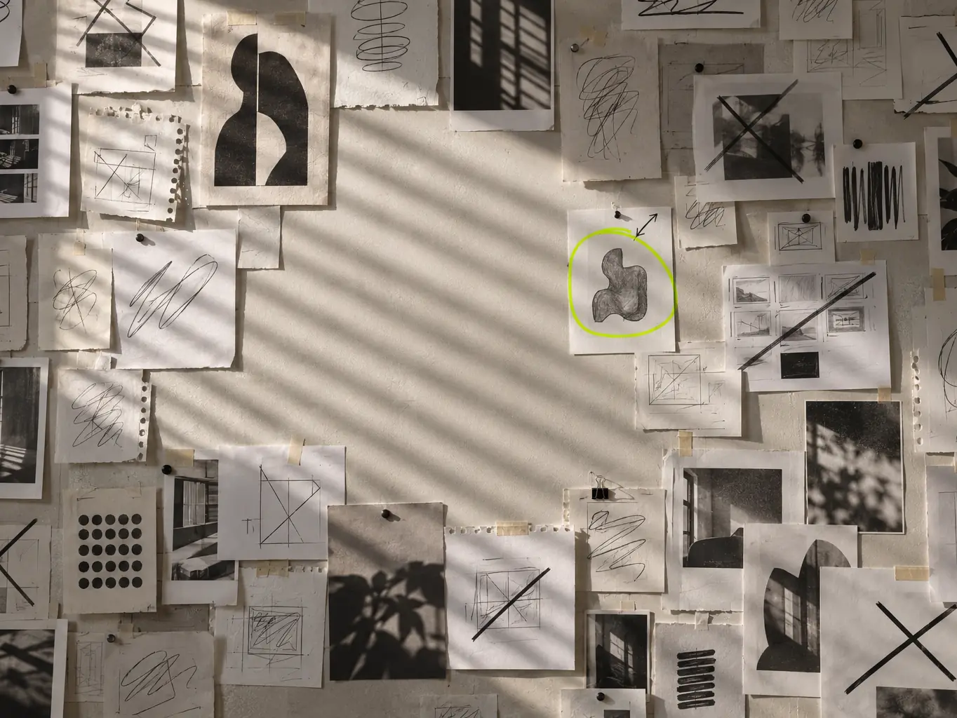 Una pared llena de bocetos clavados, casi todos tachados y uno rodeado en lima