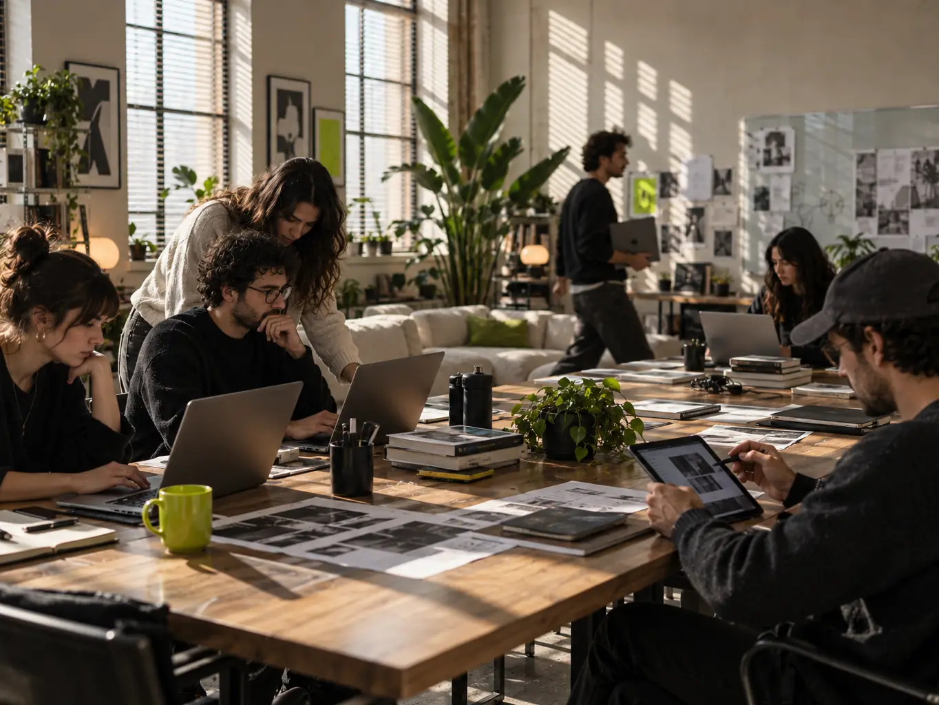 La mesa larga del estudio con varias personas trabajando a la vez, una de pie ayudando a otra sentada
